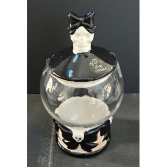 New Halloween Round Candy Jar Black White Glass Crystal Ball Skeleton Bow Gothic - Picture 1 of 2